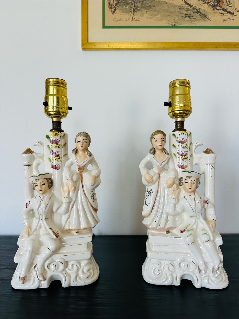 Vintage Pair of Colonial Couple Boudoir Lamps